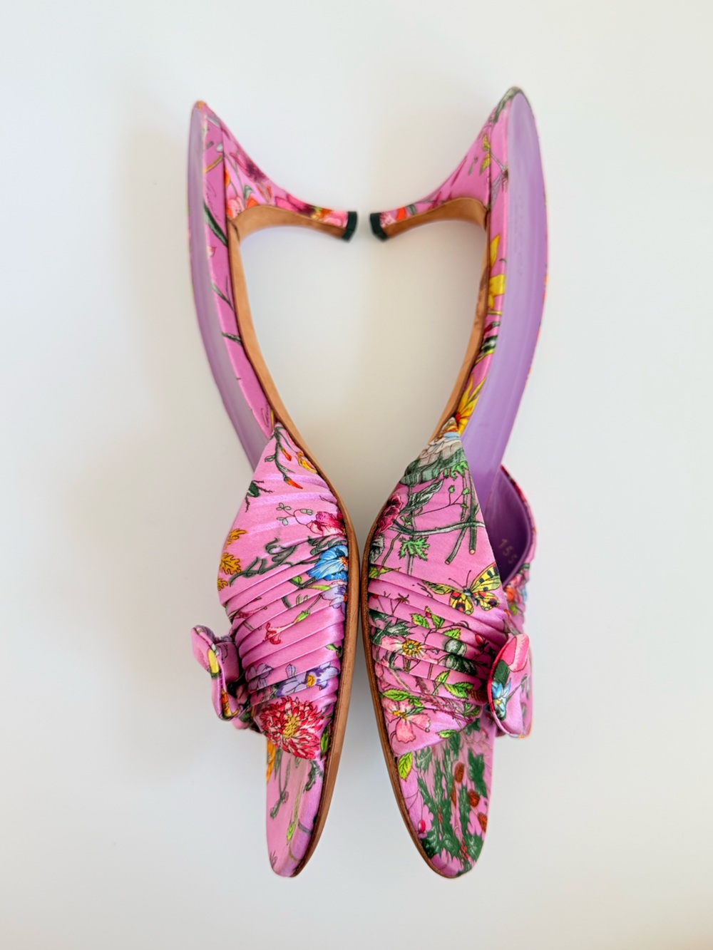 Gucci Flora Satin Bow Mule Heels Pink Cyclamen Floral Sandals US 10 Vintage Y2K - Picture 4 of 9